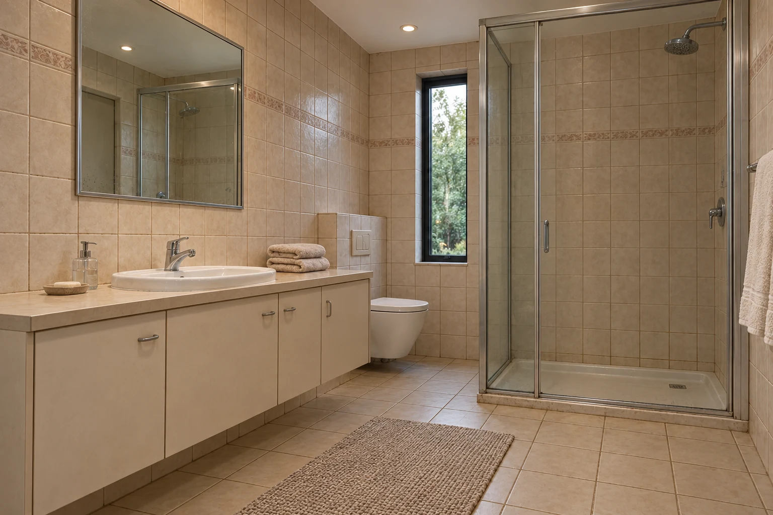 Illustrative dated bathroom with beige tile and a laminate vanity