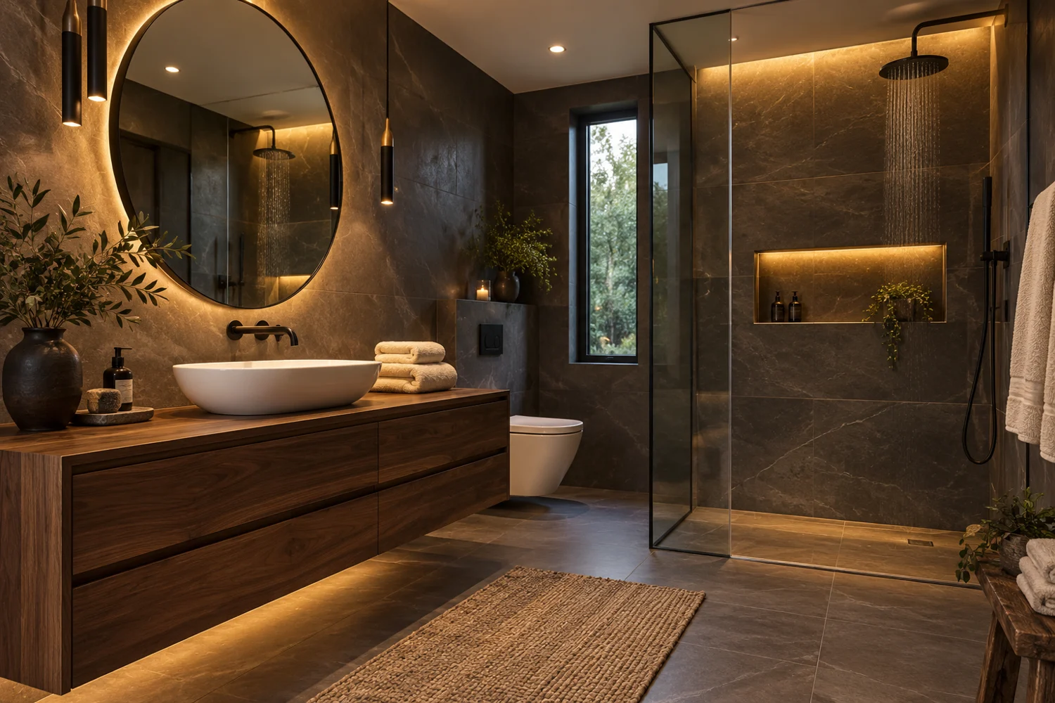 Bathroom remodel design inspiration with stone tile, a glass shower, and wood vanity